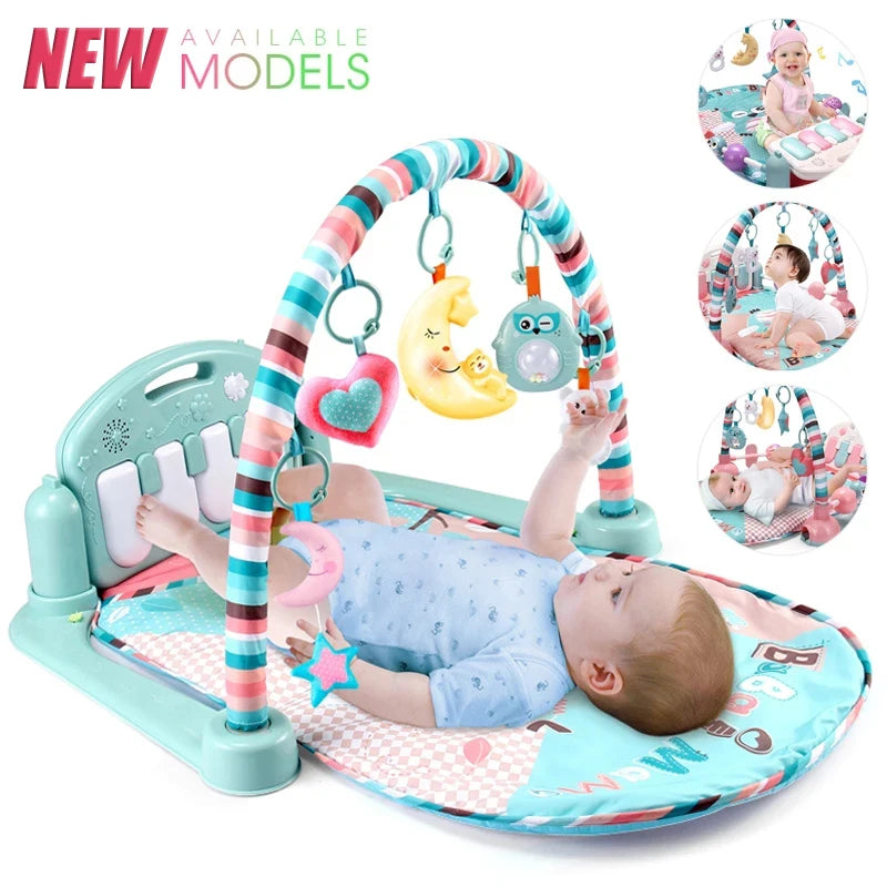 Baby play mat with activities and toys, featuring a baby lying on it.