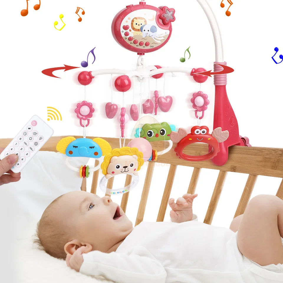 Baby lying in a crib with a colorful baby mobile above