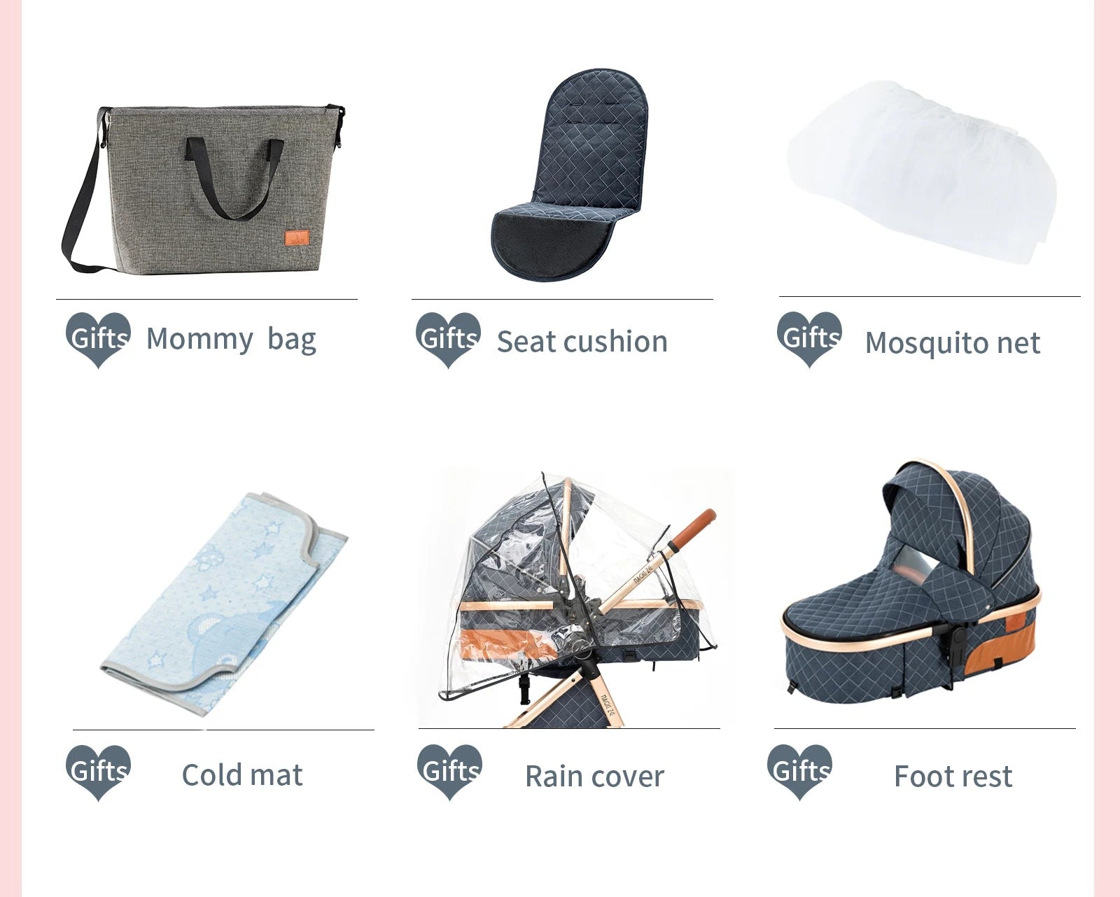 List of baby-related gifts with images and labels on a pink background