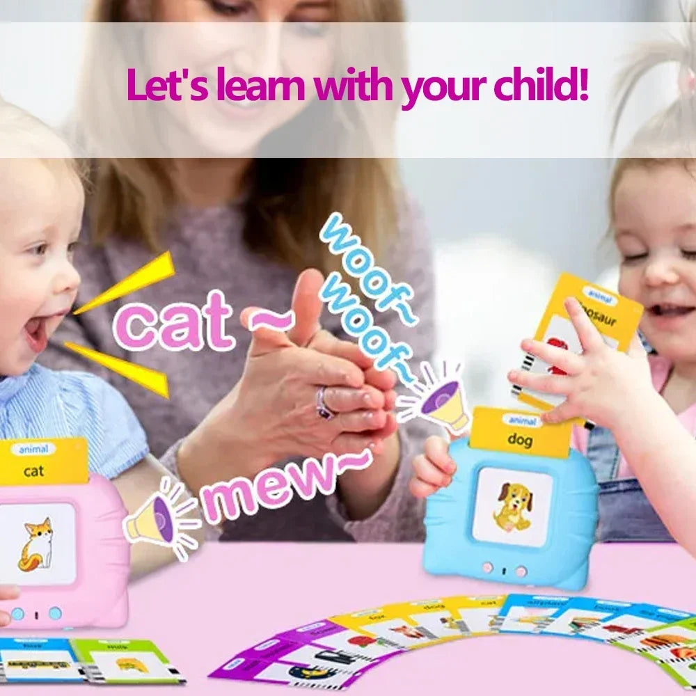Two children using educational toys with text overlay 'Let's learn with your child!' and animal sounds.