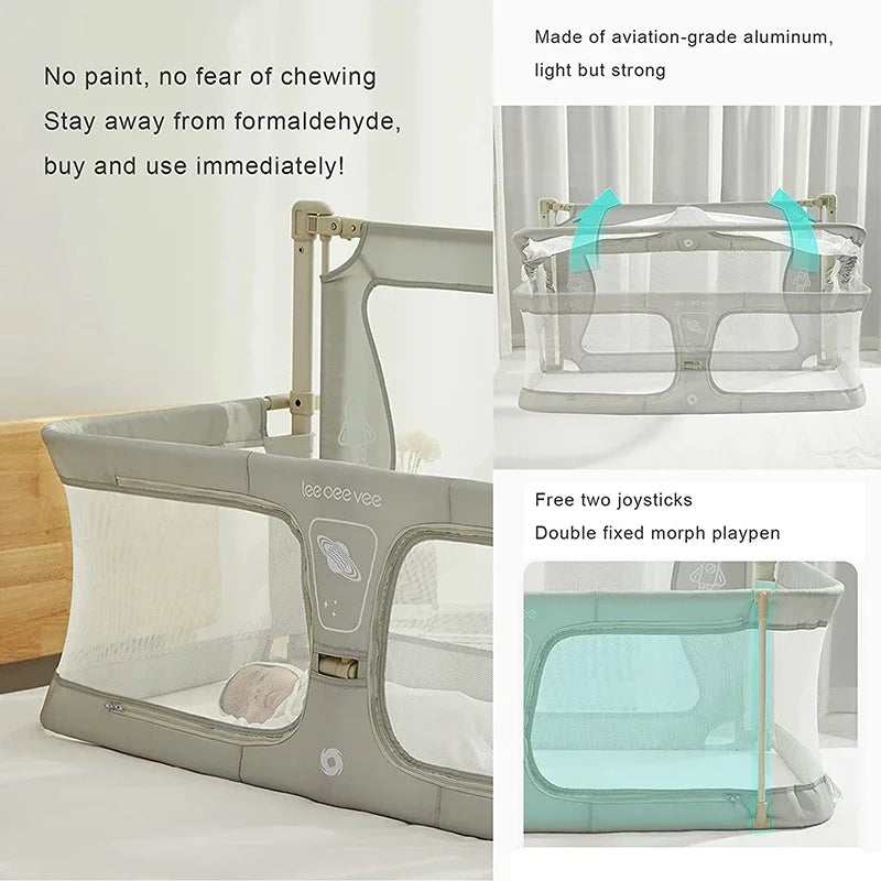 Baby playpen with features highlighted on a white background