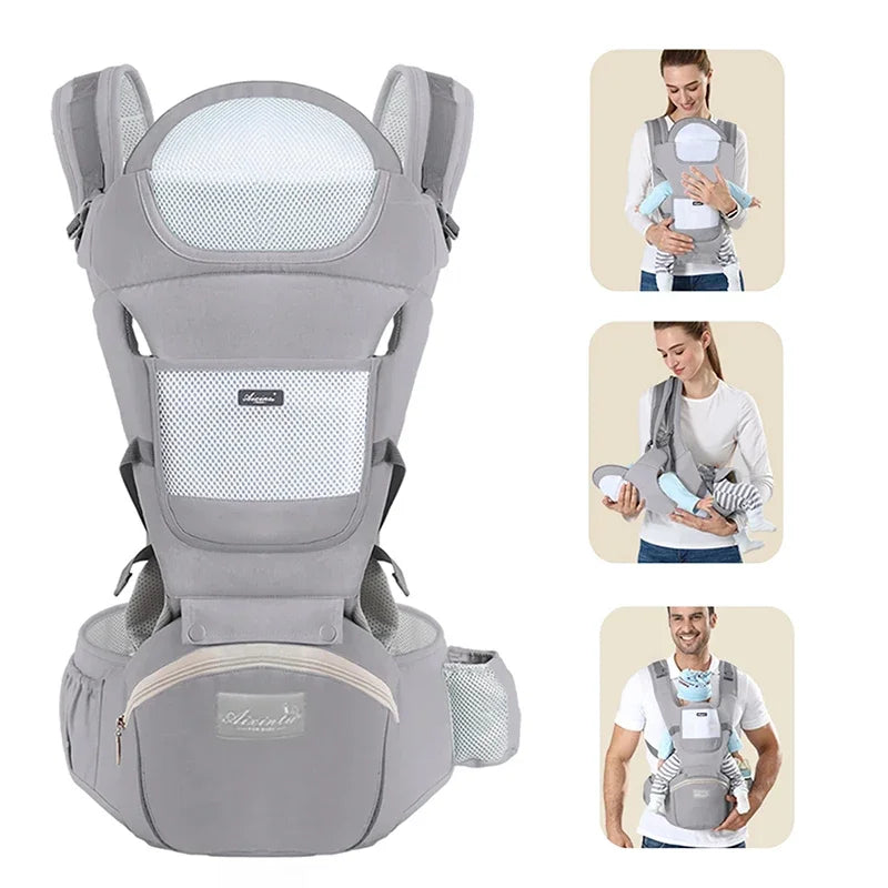 Gray baby carrier with images of people using it on a white background