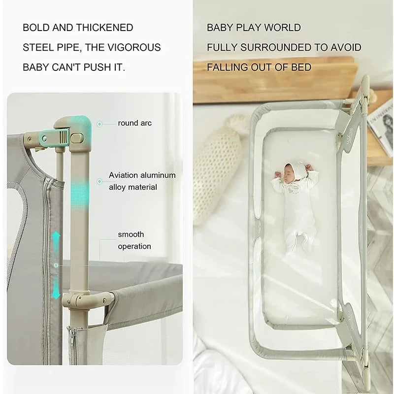 Baby playpen with text highlighting safety features and a baby inside.