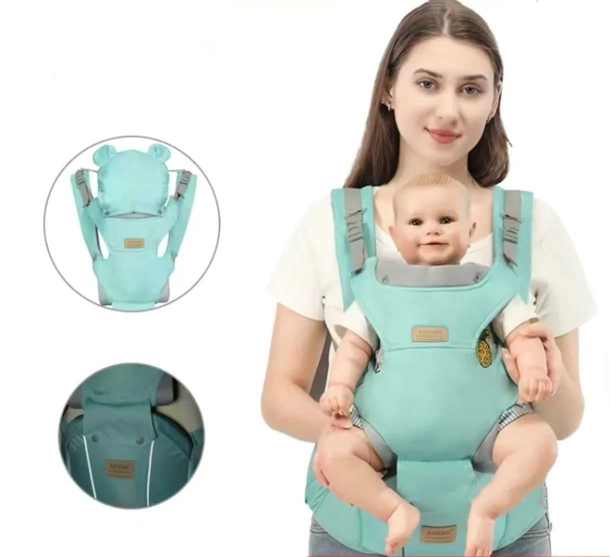 Woman holding a baby in a teal baby carrier with close-up insets on a white background