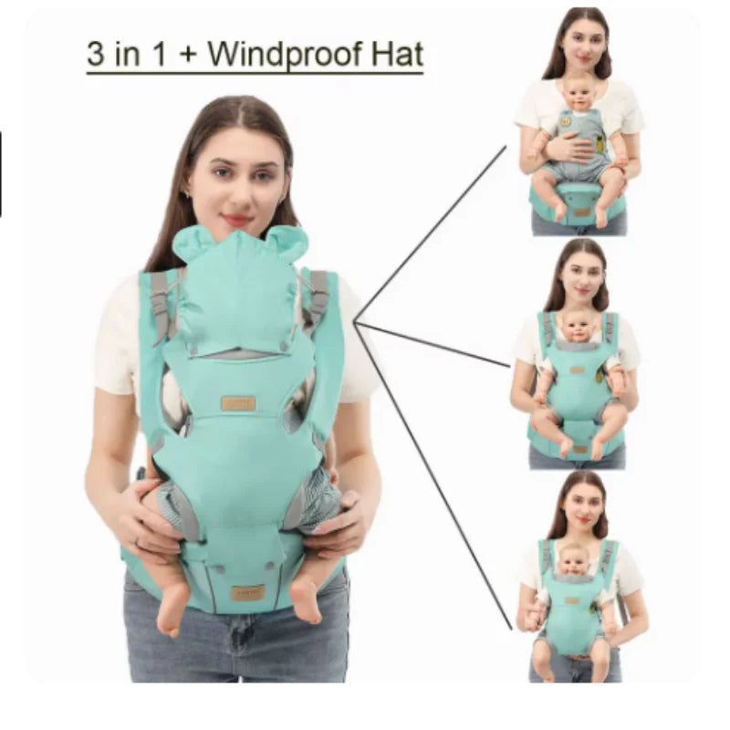 Woman holding a baby in a green baby carrier with multiple views and text '3 in 1 