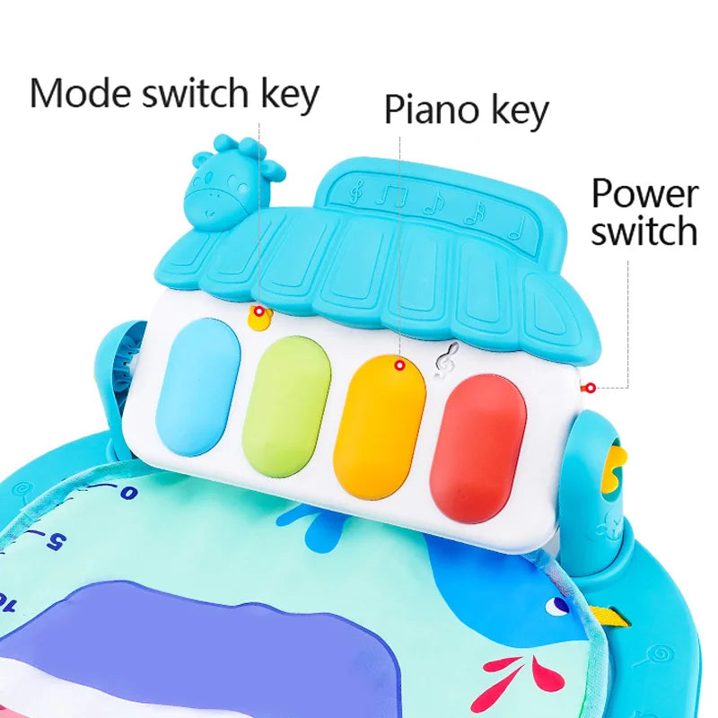 Children's toy piano with labeled parts on a white background