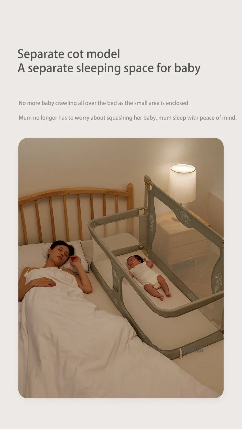 Baby in a separate cot next to a parent in bed, with text describing a separate sleeping space for baby.