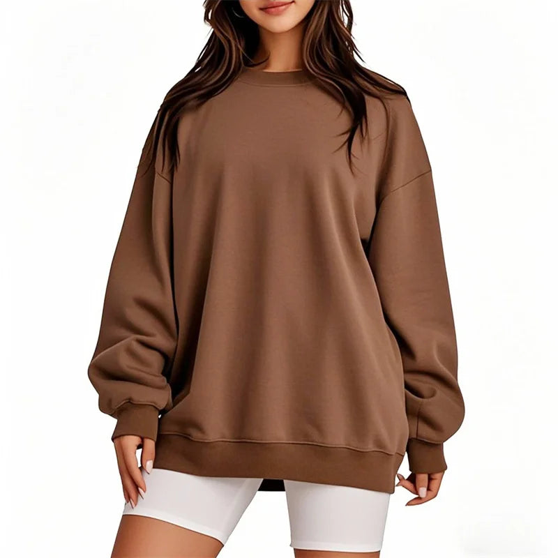 Brown sweatshirt worn by a person on a white background
