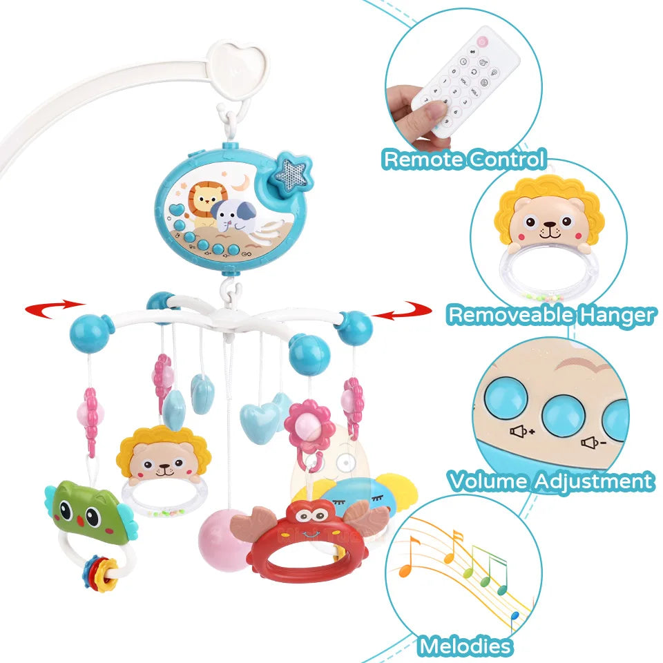 Baby mobile toy with remote control and various features highlighted on a white background