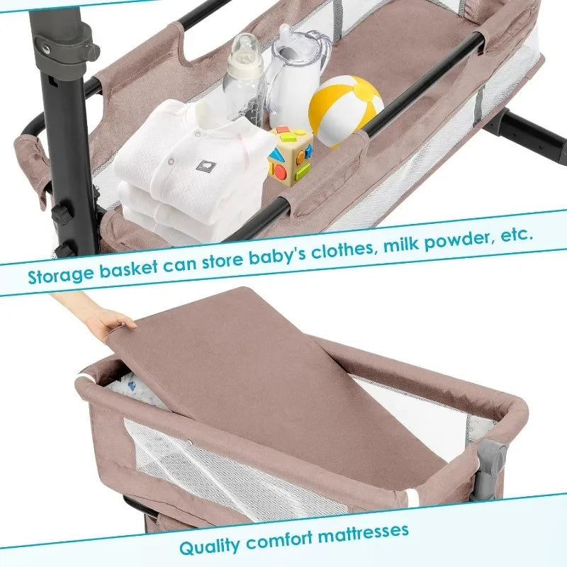 Baby bassinet with storage basket and comfort mattress, showing baby's clothes and milk powder.