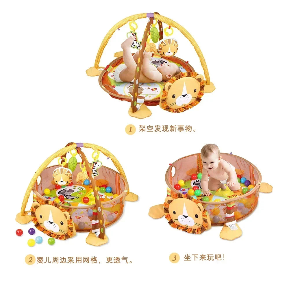 Baby play gym with animal designs and a baby playing inside on a white background