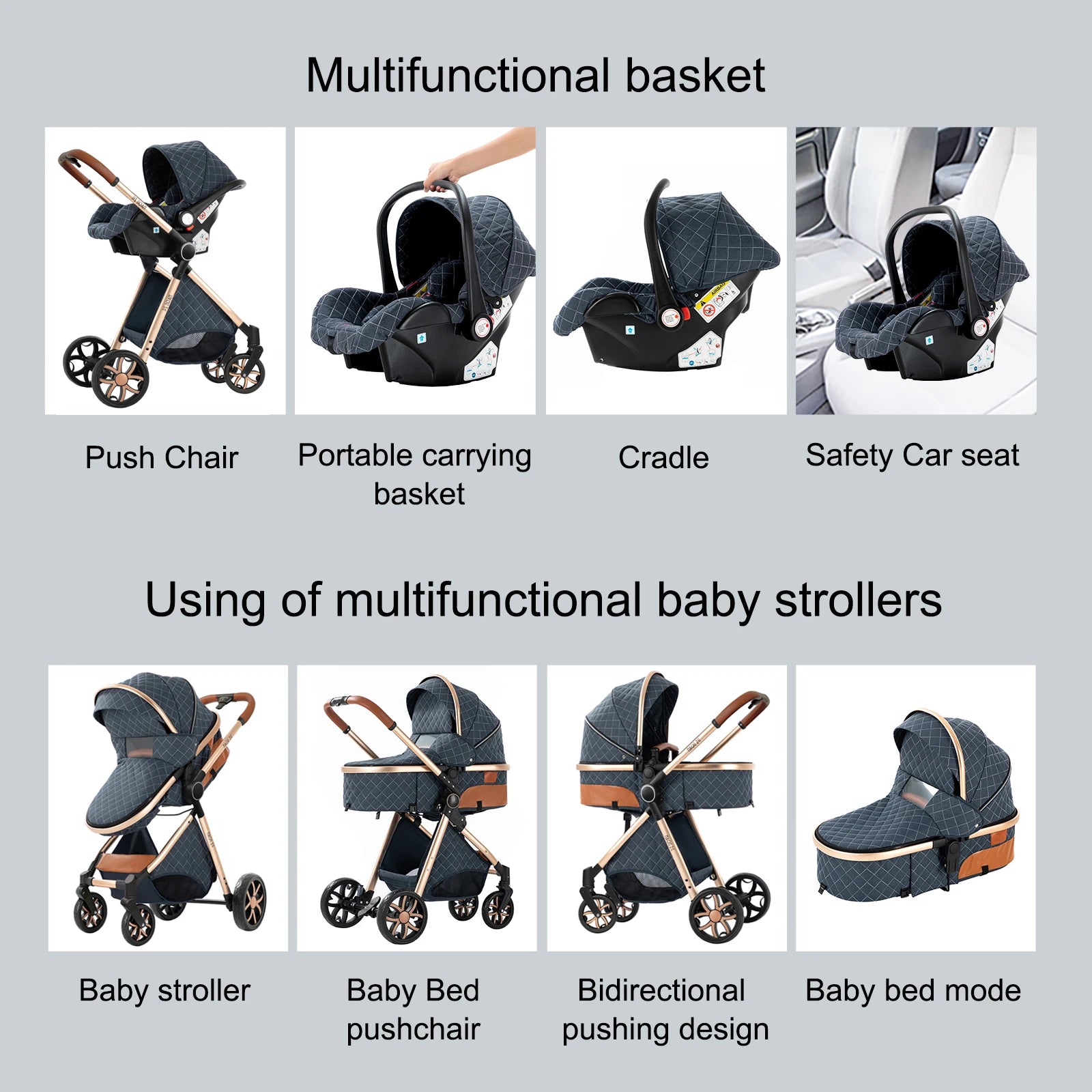 Multifunctional baby stroller with various uses on a gray background