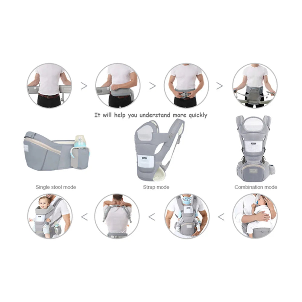 Baby carrier with various usage modes on a white background
