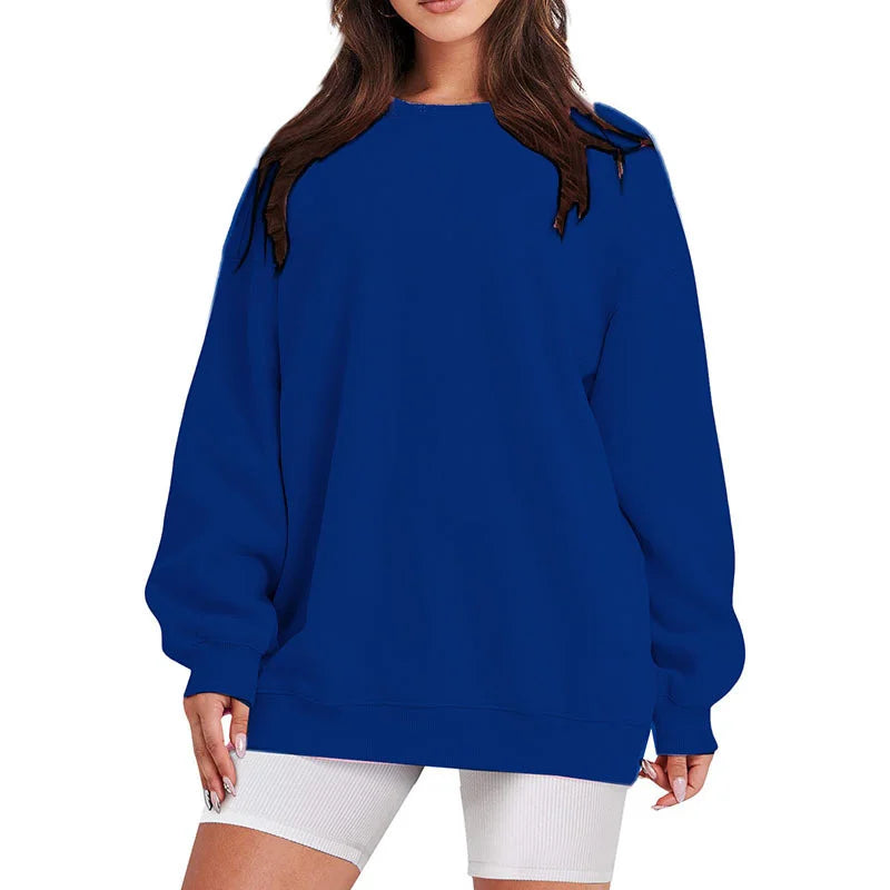 Blue sweatshirt worn by a person on a white background