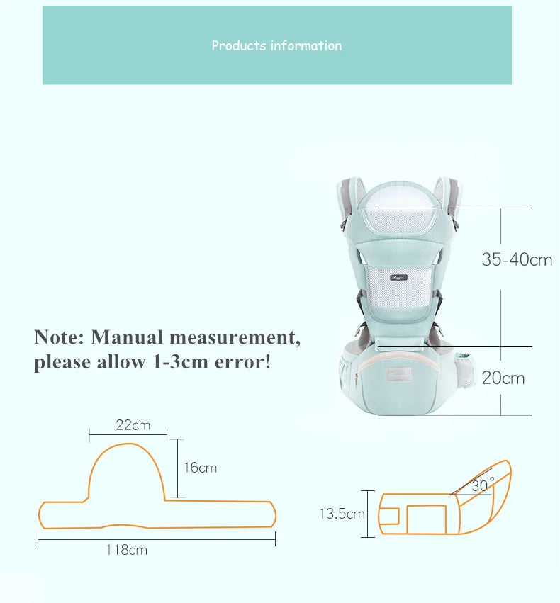 Baby carrier with measurement details on a white background
