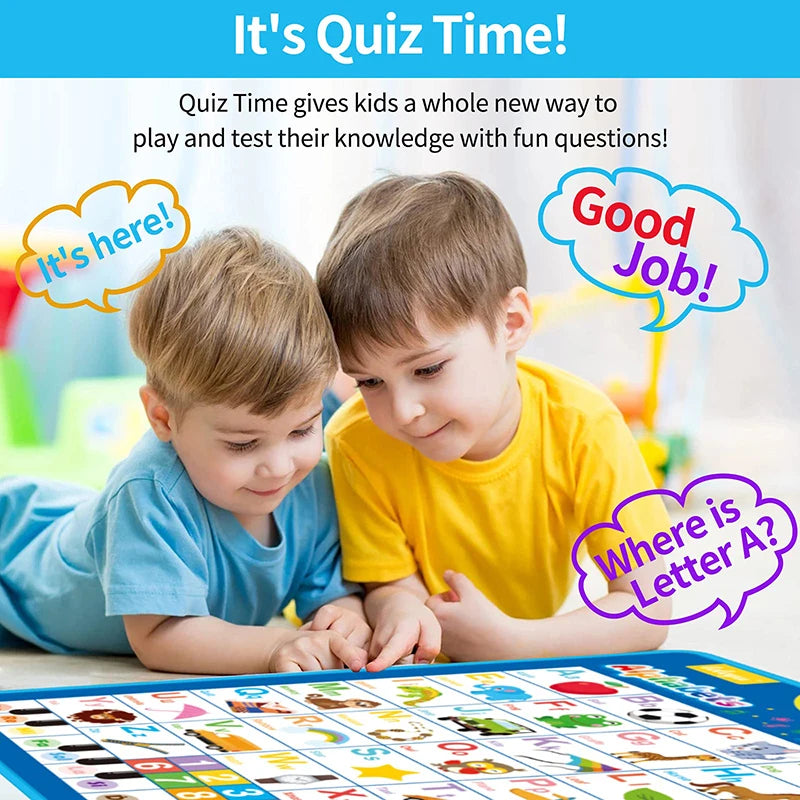 Two children playing with a educational quiz game, surrounded by colorful text and graphics.