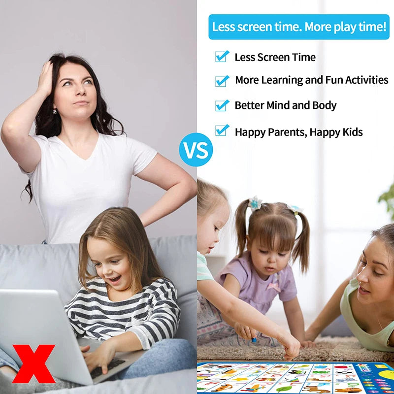 Comparison of a woman and child with a laptop versus two children playing with a board game, emphasizing less screen time and more play time.