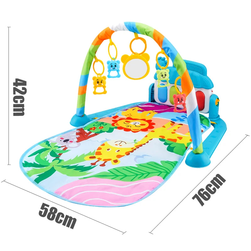 Colorful baby play gym with animal designs and dimensions on a white background