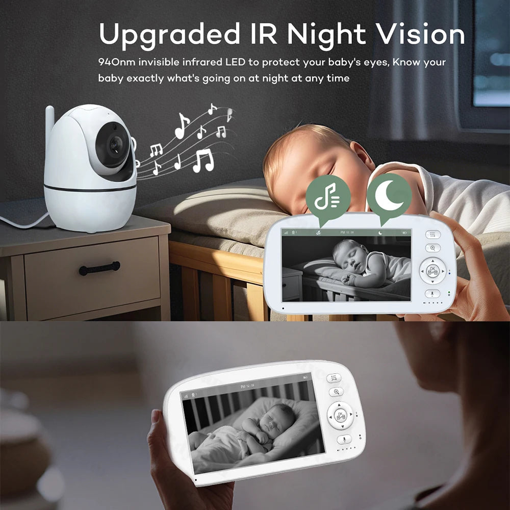 Baby monitor with upgraded IR night vision feature, showing a baby sleeping and a person holding the monitor.