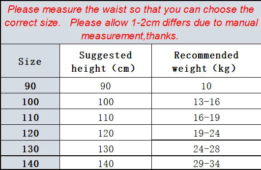 Size chart with suggested heights and recommended weights in a table format.