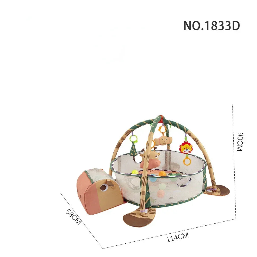 Baby play gym with toys and dimensions on a white background