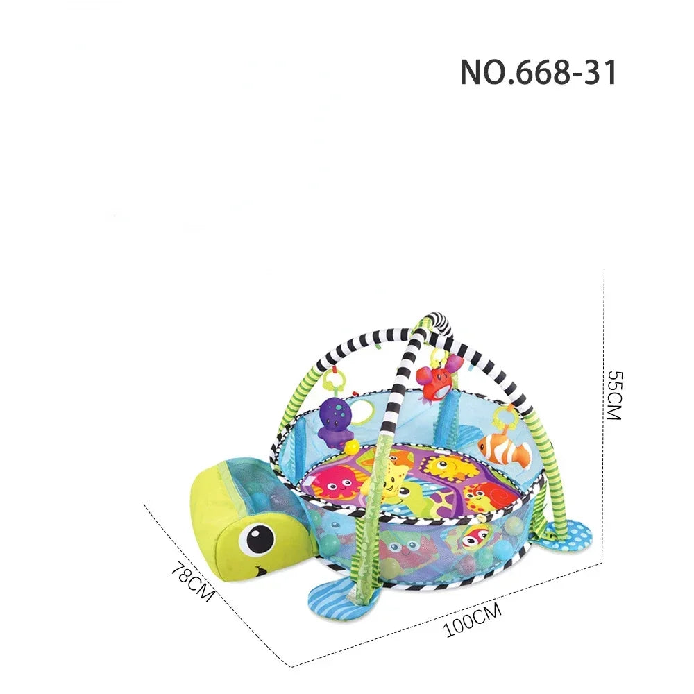 Colorful baby activity gym shaped like a turtle with measurements on a white background