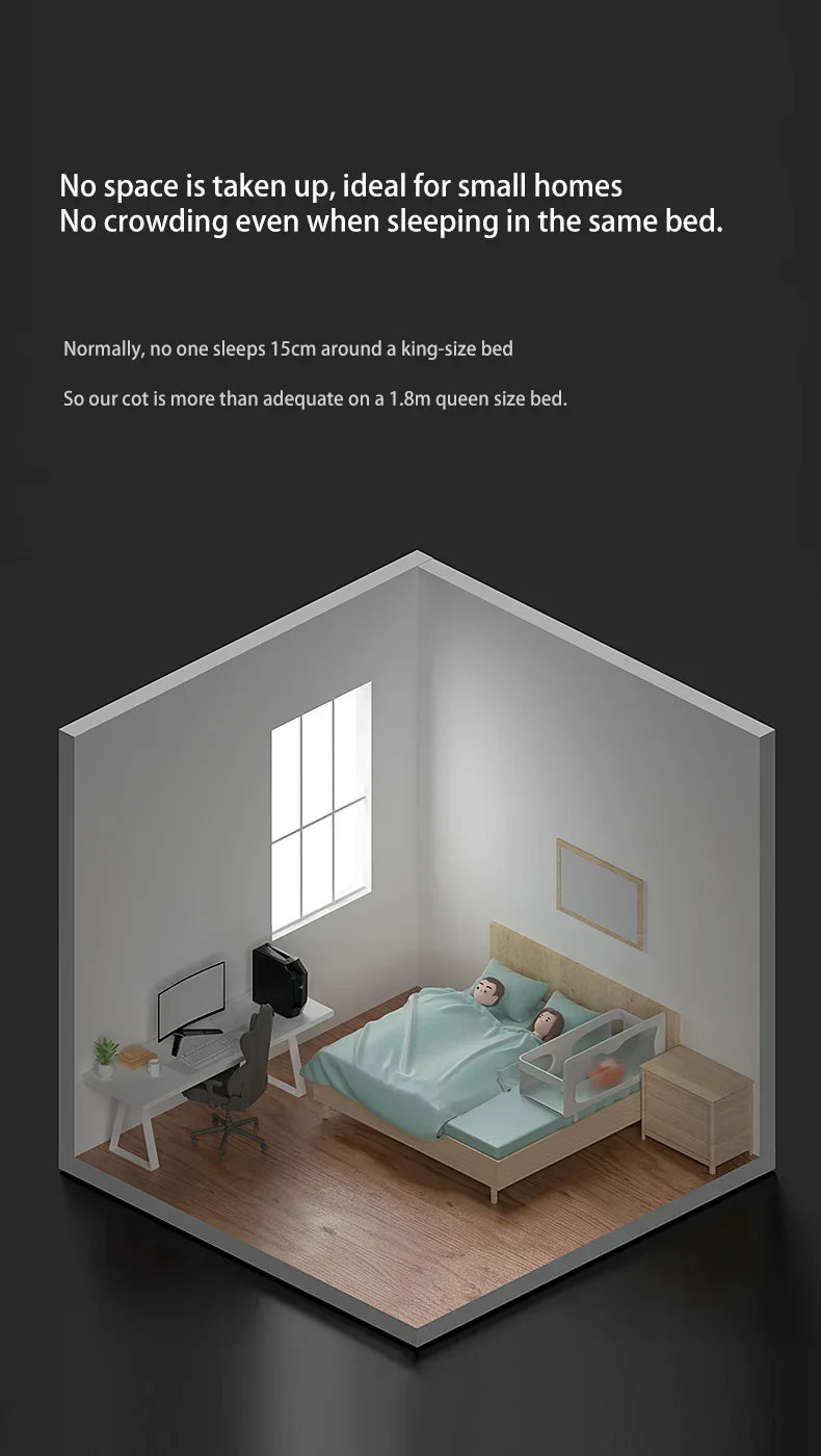 Isometric bedroom illustration with a bed and small home setup.
