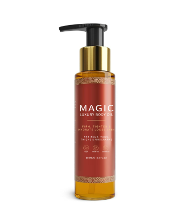 Bottle of Magic Luxury Body Lotion with pump on a white background