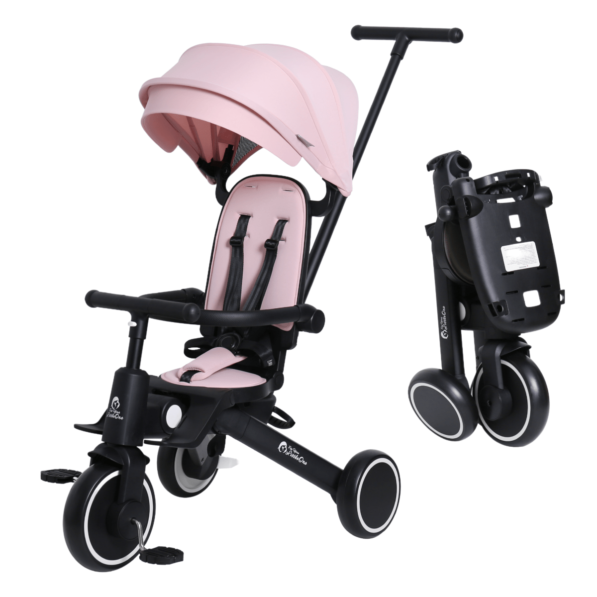 Pink and black baby stroller with cover on a white background