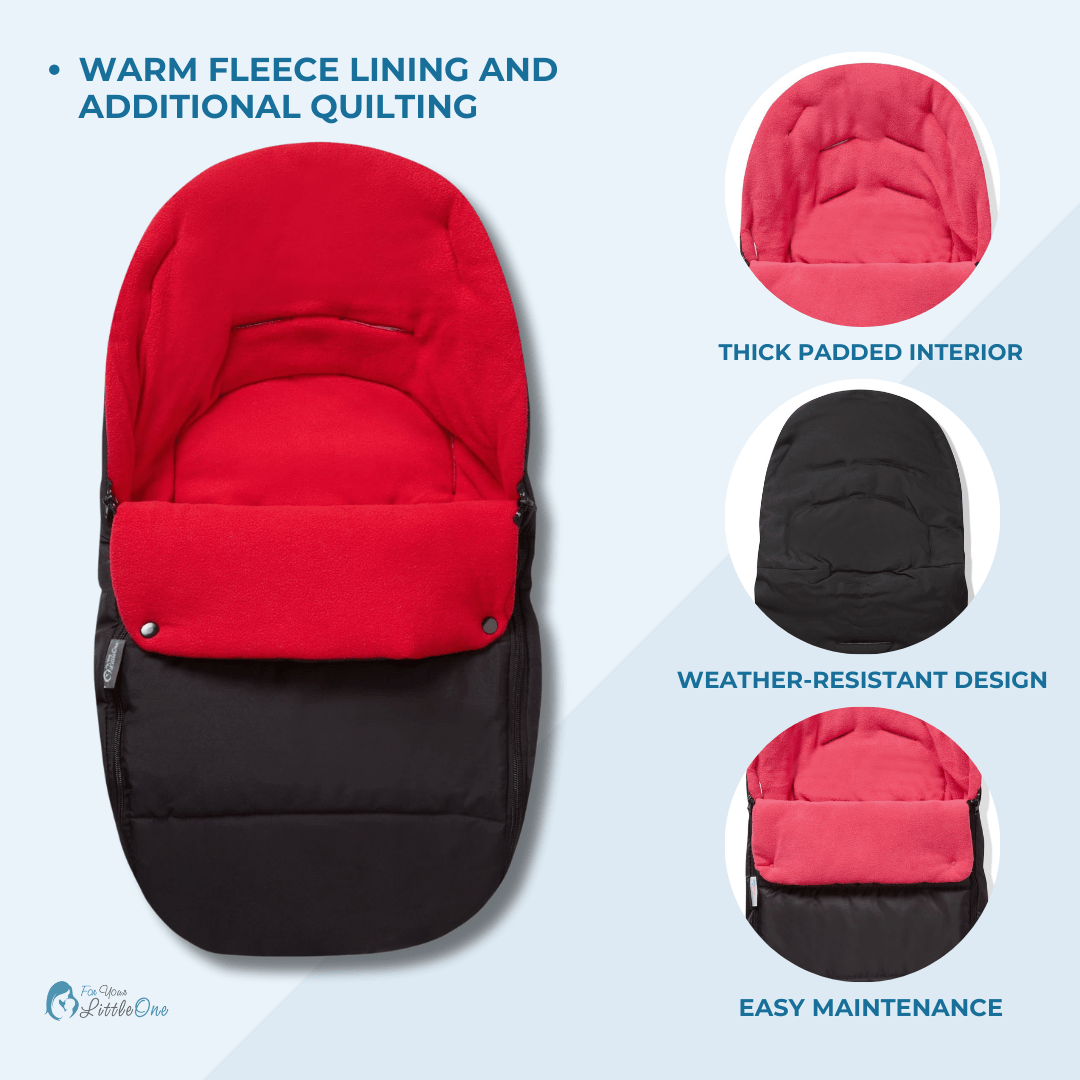 Red and black baby carrier with features highlighted on a light blue background