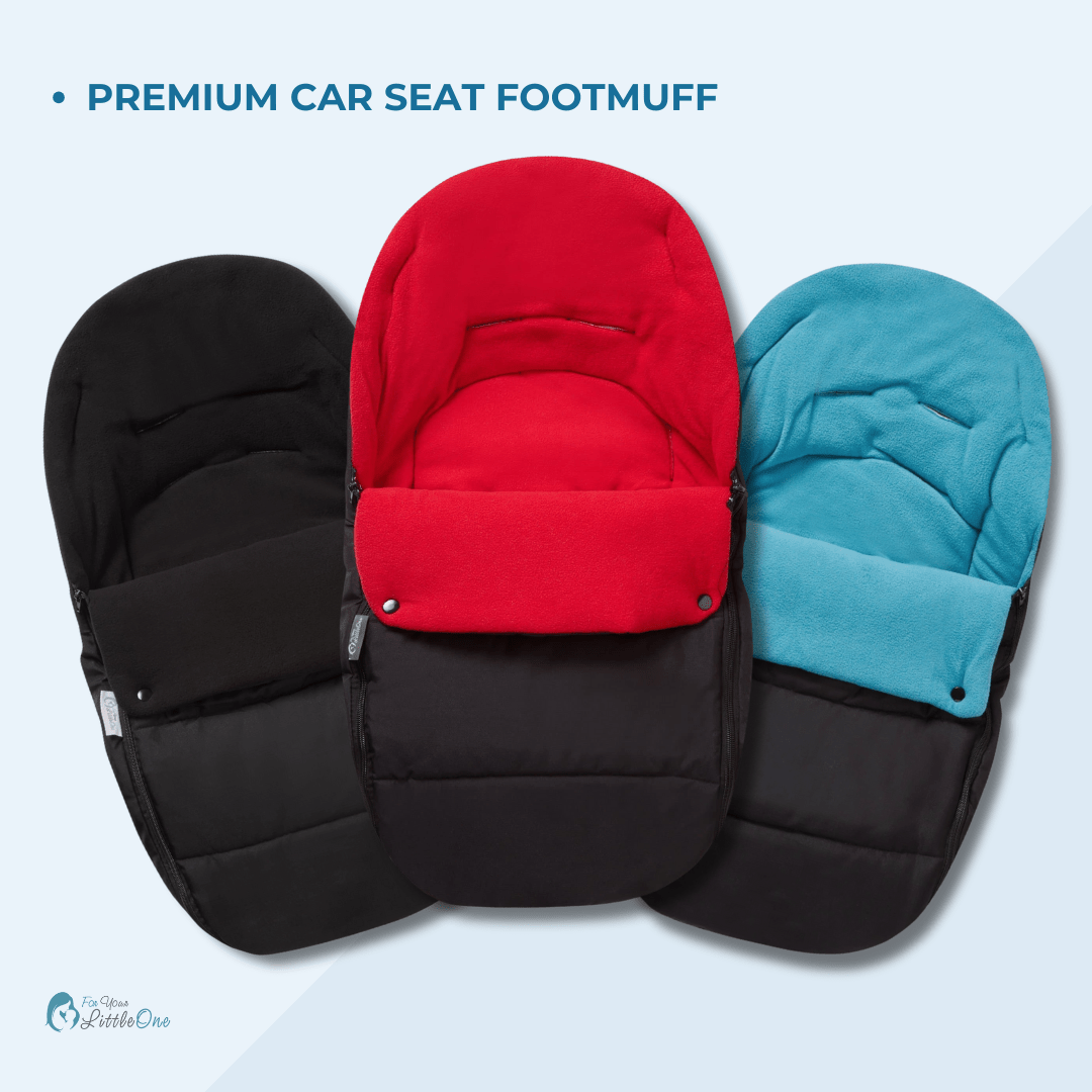 Three car seat footmuffs in black, red, and blue on a light gray background.