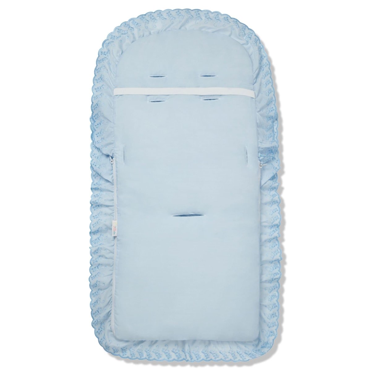 Light blue baby footmuff with ruffled edges on a white background