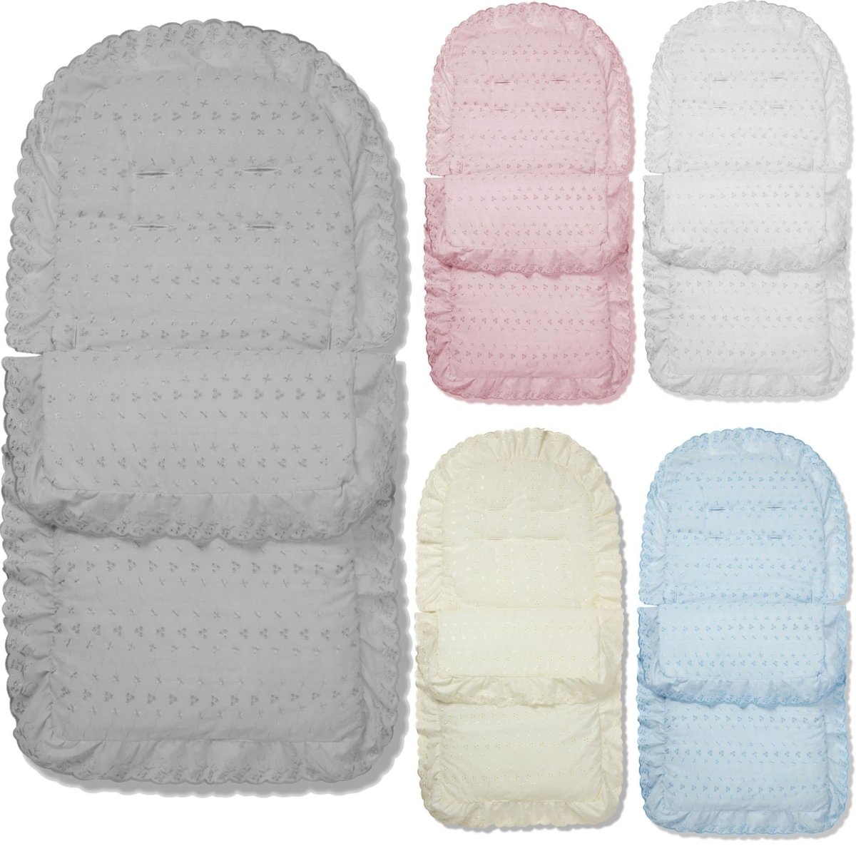 Set of six textured footmuff in gray, pink, white, beige, and blue on a white background.
