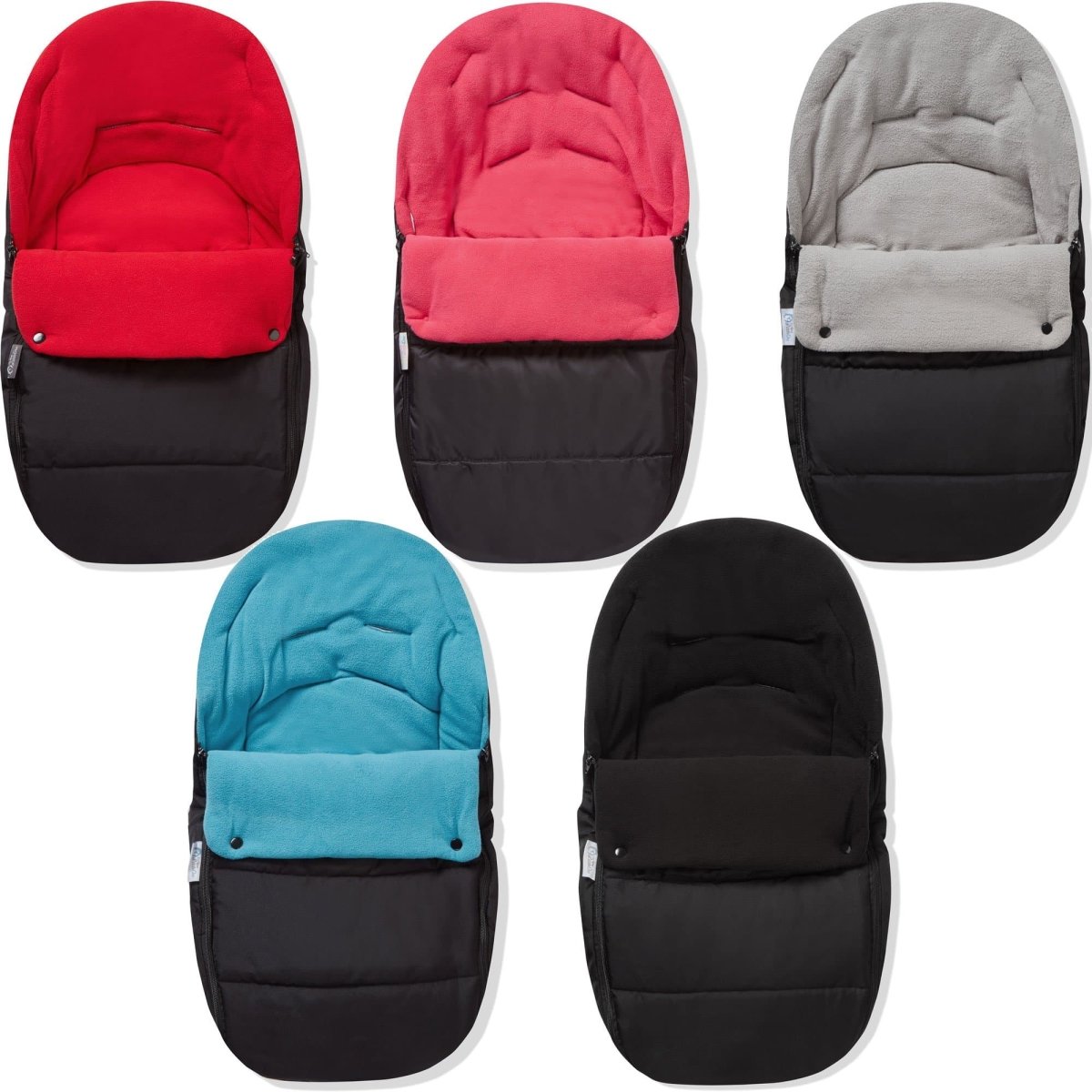 Set of five baby stroller footmuffs in red, pink, gray, blue, and black on a white background.