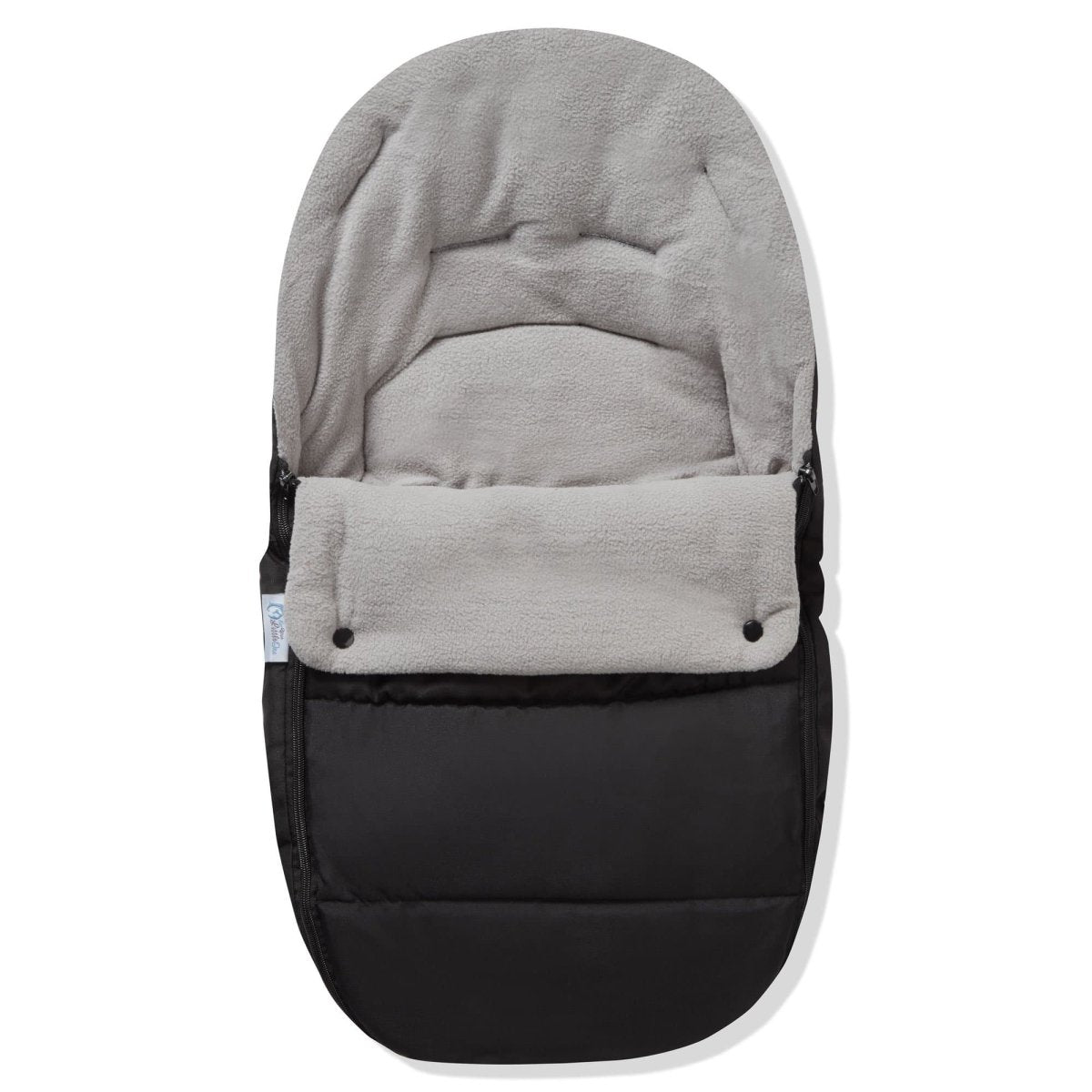Black and gray baby stroller footmuff on a white background